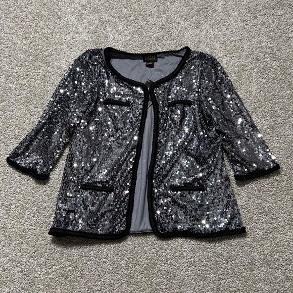 Iman Womens 1X Black & Silver Sequin Open Front Jacket 3/4 Sleeves Party Wear - Picture 2 of 9